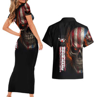 Custom American Flag Skull Couples Matching Short Sleeve Bodycon Dress and Hawaiian Shirt with Bowling Pins Flame Effect and Grunge Pattern - Wonder Print Shop