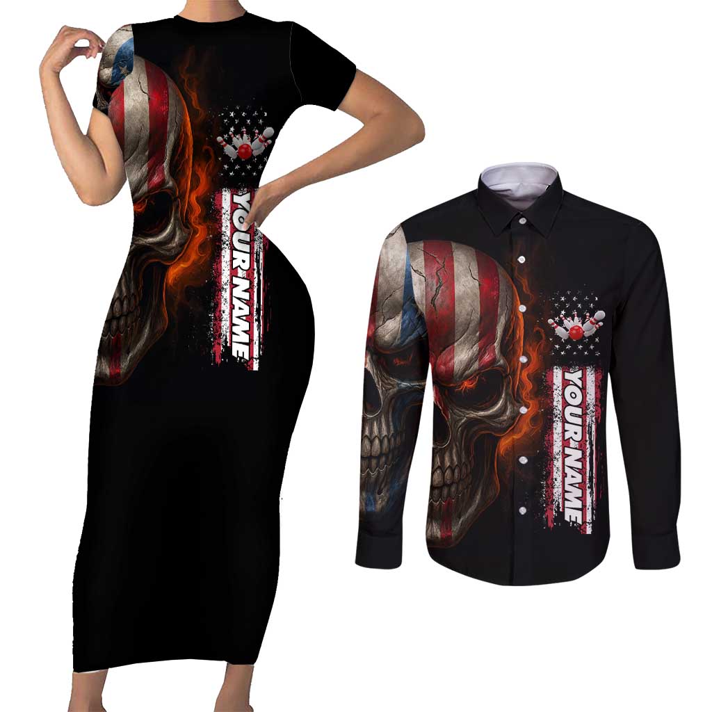 Custom American Flag Skull Couples Matching Short Sleeve Bodycon Dress and Long Sleeve Button Shirt with Bowling Pins Flame Effect and Grunge Pattern - Wonder Print Shop