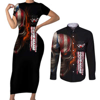 Custom American Flag Skull Couples Matching Short Sleeve Bodycon Dress and Long Sleeve Button Shirt with Bowling Pins Flame Effect and Grunge Pattern - Wonder Print Shop