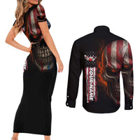 Custom American Flag Skull Couples Matching Short Sleeve Bodycon Dress and Long Sleeve Button Shirt with Bowling Pins Flame Effect and Grunge Pattern - Wonder Print Shop