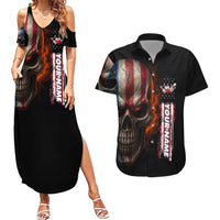 Custom American Flag Skull Couples Matching Summer Maxi Dress and Hawaiian Shirt with Bowling Pins Flame Effect and Grunge Pattern - Wonder Print Shop