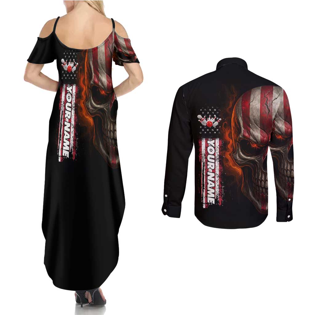 Custom American Flag Skull Couples Matching Summer Maxi Dress and Long Sleeve Button Shirt with Bowling Pins Flame Effect and Grunge Pattern - Wonder Print Shop