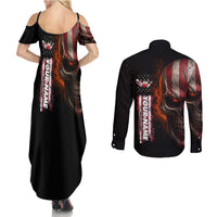 Custom American Flag Skull Couples Matching Summer Maxi Dress and Long Sleeve Button Shirt with Bowling Pins Flame Effect and Grunge Pattern - Wonder Print Shop