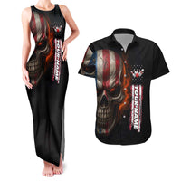 Custom American Flag Skull Couples Matching Tank Maxi Dress and Hawaiian Shirt with Bowling Pins Flame Effect and Grunge Pattern - Wonder Print Shop