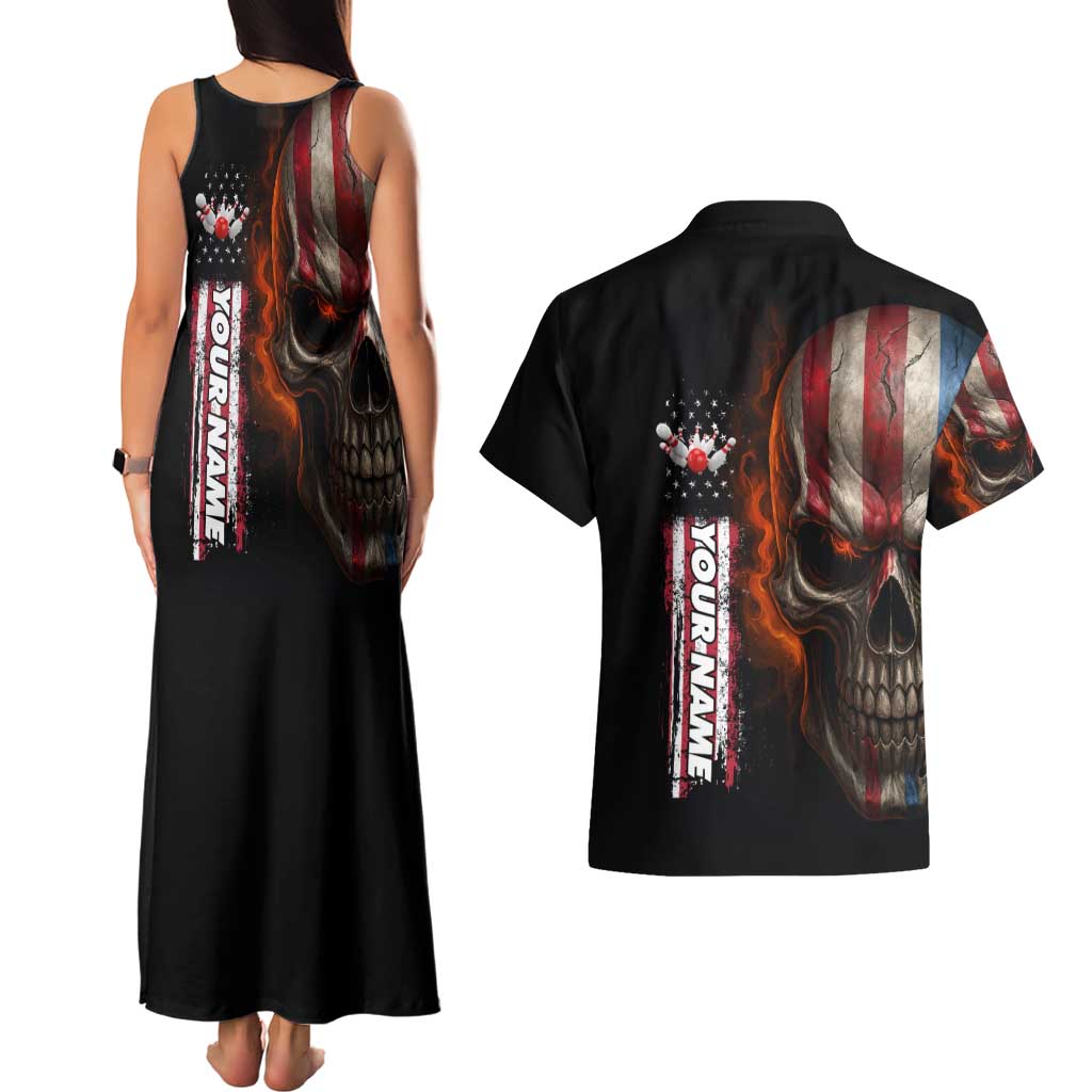 Custom American Flag Skull Couples Matching Tank Maxi Dress and Hawaiian Shirt with Bowling Pins Flame Effect and Grunge Pattern - Wonder Print Shop