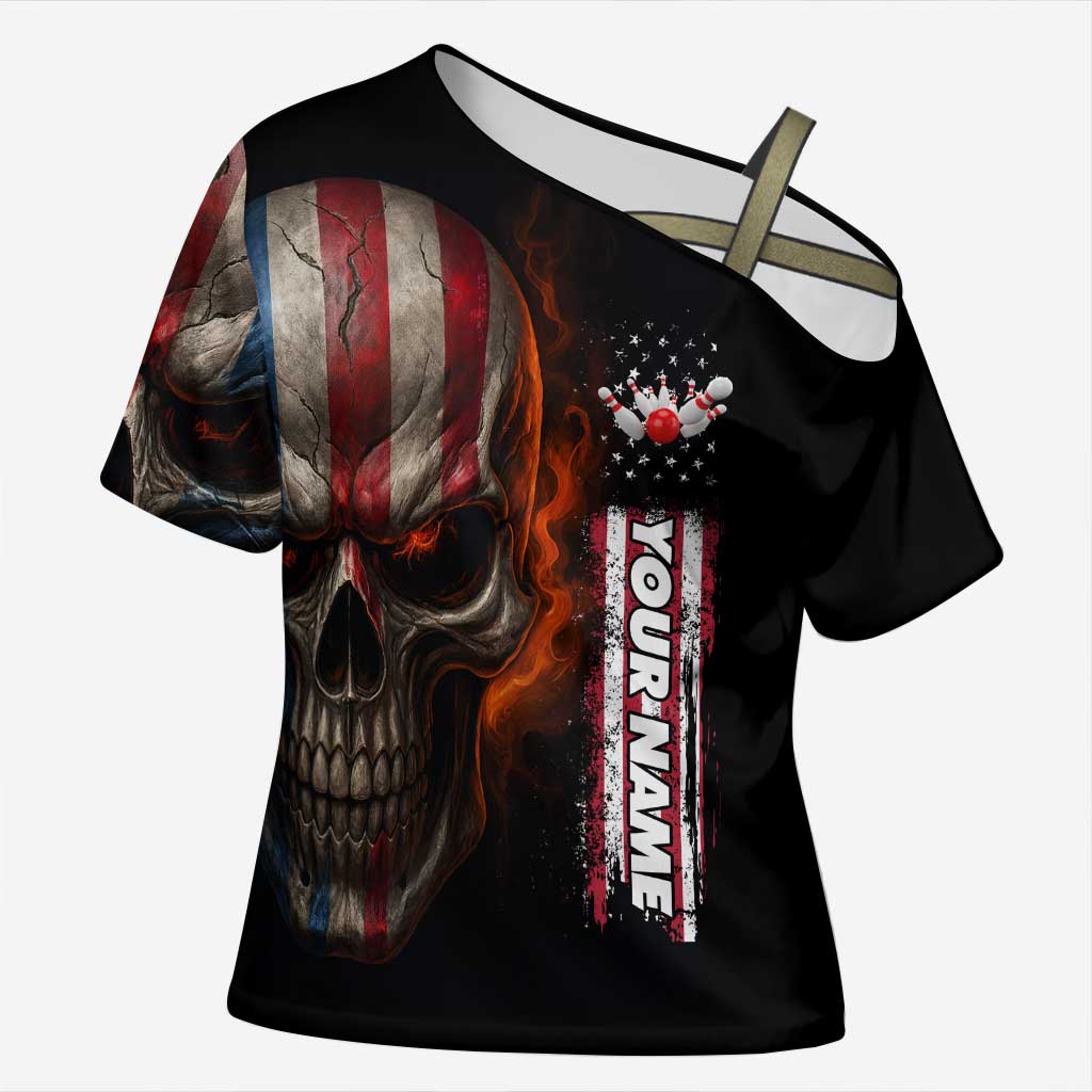 Custom American Flag Skull Cross Shoulder Shirt with Bowling Pins Flame Effect and Grunge Pattern - Wonder Print Shop