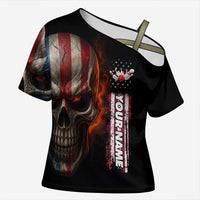 Custom American Flag Skull Cross Shoulder Shirt with Bowling Pins Flame Effect and Grunge Pattern - Wonder Print Shop