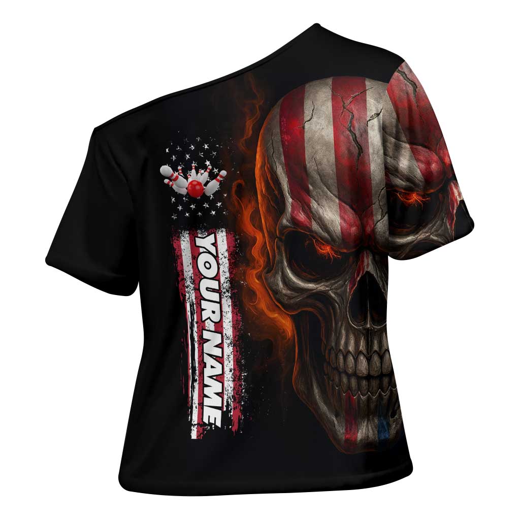 Custom American Flag Skull Cross Shoulder Shirt with Bowling Pins Flame Effect and Grunge Pattern - Wonder Print Shop