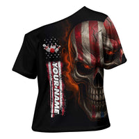 Custom American Flag Skull Cross Shoulder Shirt with Bowling Pins Flame Effect and Grunge Pattern - Wonder Print Shop