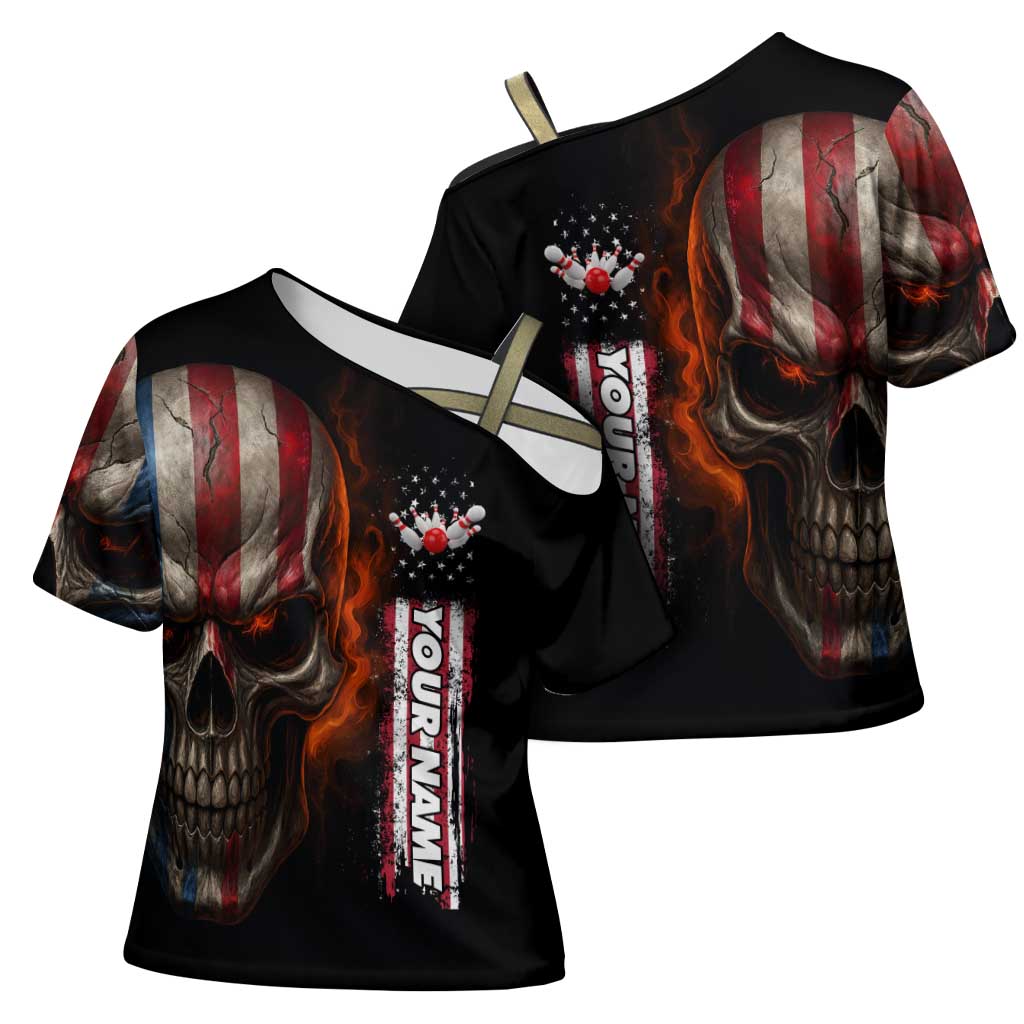 Custom American Flag Skull Cross Shoulder Shirt with Bowling Pins Flame Effect and Grunge Pattern - Wonder Print Shop