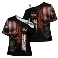 Custom American Flag Skull Cross Shoulder Shirt with Bowling Pins Flame Effect and Grunge Pattern - Wonder Print Shop