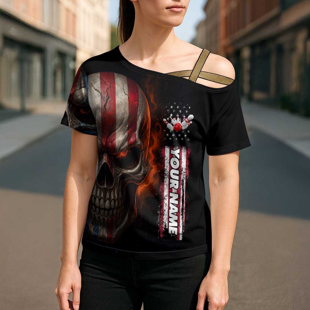 Custom American Flag Skull Cross Shoulder Shirt with Bowling Pins Flame Effect and Grunge Pattern - Wonder Print Shop