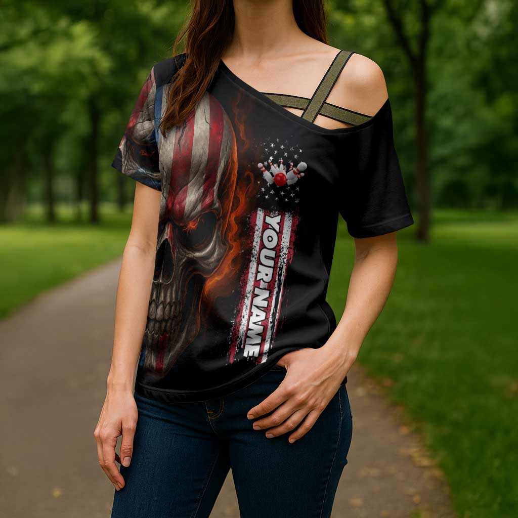 Custom American Flag Skull Cross Shoulder Shirt with Bowling Pins Flame Effect and Grunge Pattern - Wonder Print Shop