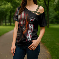 Custom American Flag Skull Cross Shoulder Shirt with Bowling Pins Flame Effect and Grunge Pattern - Wonder Print Shop