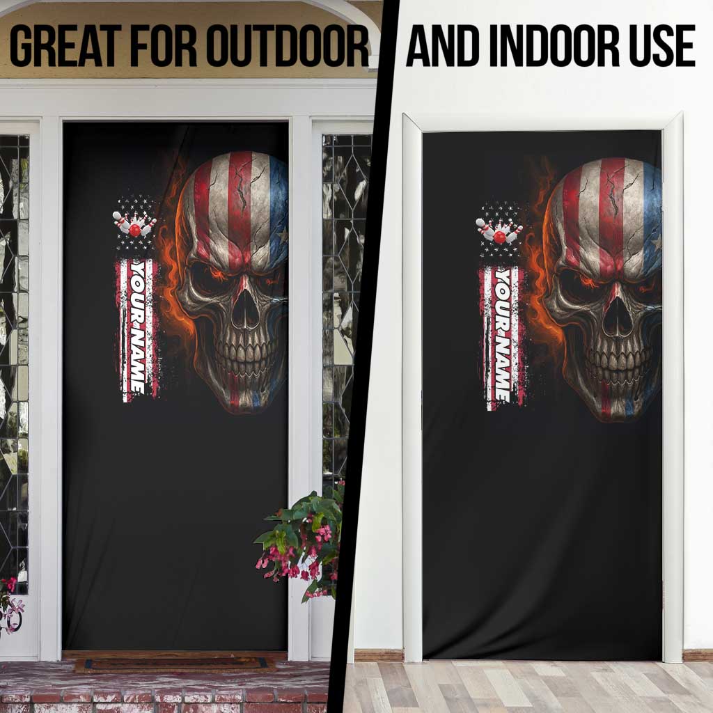 Custom American Flag Skull Door Cover with Bowling Pins Flame Effect and Grunge Pattern - Wonder Print Shop