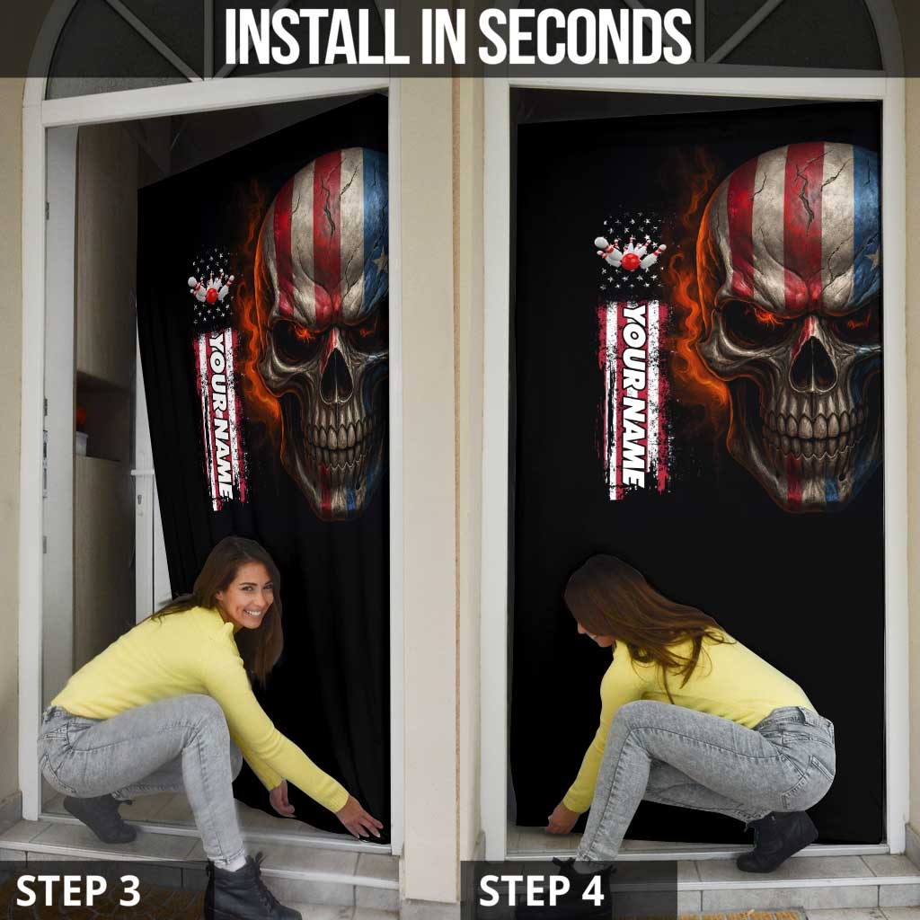 Custom American Flag Skull Door Cover with Bowling Pins Flame Effect and Grunge Pattern - Wonder Print Shop