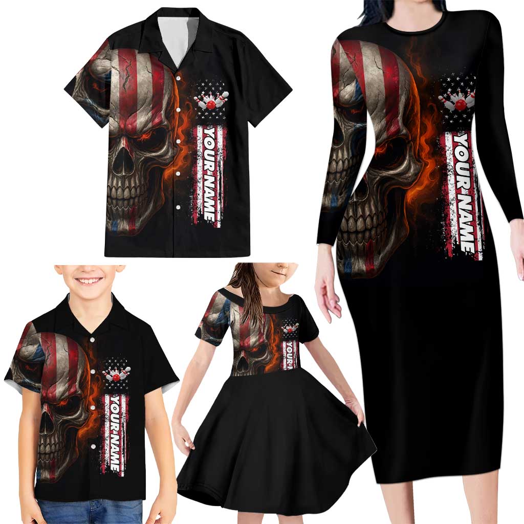 Custom American Flag Skull Family Matching Long Sleeve Bodycon Dress and Hawaiian Shirt with Bowling Pins Flame Effect and Grunge Pattern - Wonder Print Shop