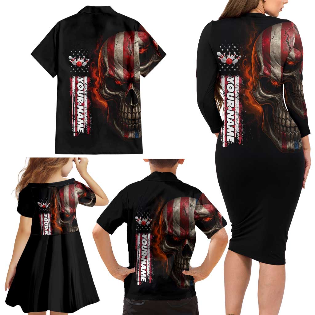 Custom American Flag Skull Family Matching Long Sleeve Bodycon Dress and Hawaiian Shirt with Bowling Pins Flame Effect and Grunge Pattern - Wonder Print Shop