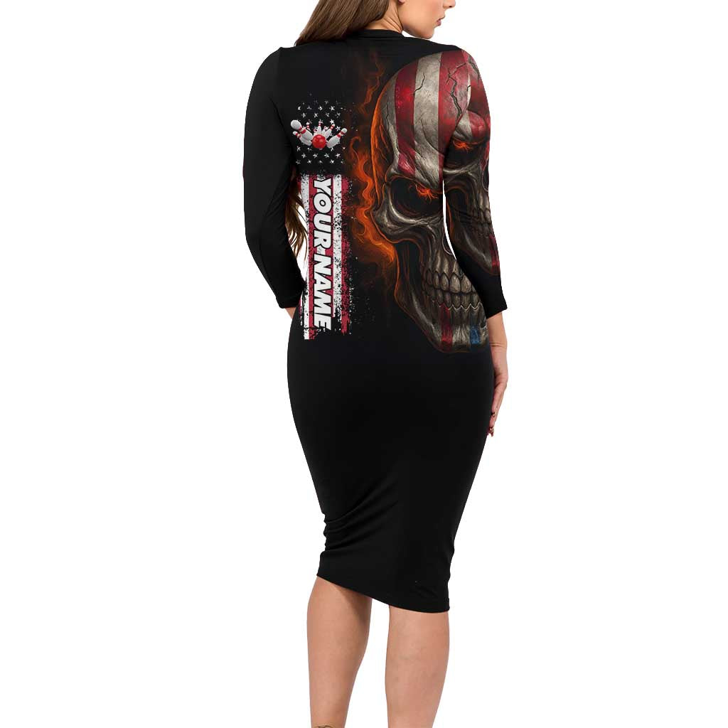 Custom American Flag Skull Family Matching Long Sleeve Bodycon Dress and Hawaiian Shirt with Bowling Pins Flame Effect and Grunge Pattern - Wonder Print Shop