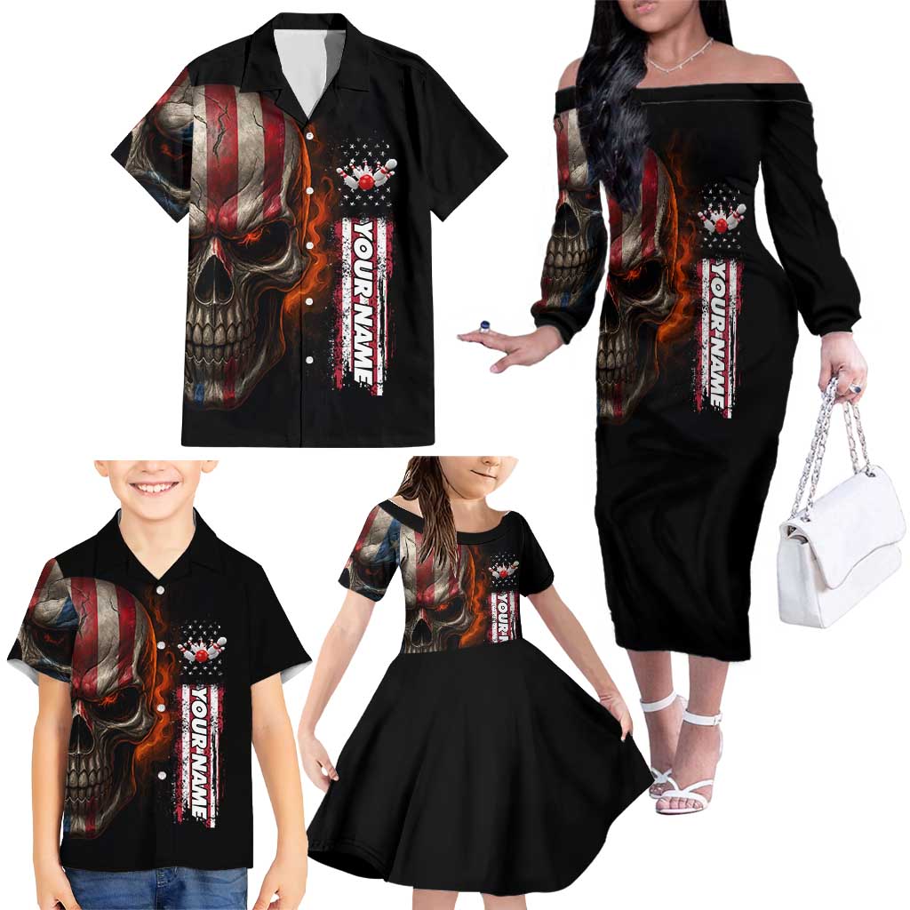 Custom American Flag Skull Family Matching Off The Shoulder Long Sleeve Dress and Hawaiian Shirt with Bowling Pins Flame Effect and Grunge Pattern - Wonder Print Shop
