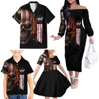 Custom American Flag Skull Family Matching Off The Shoulder Long Sleeve Dress and Hawaiian Shirt with Bowling Pins Flame Effect and Grunge Pattern - Wonder Print Shop