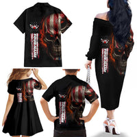 Custom American Flag Skull Family Matching Off The Shoulder Long Sleeve Dress and Hawaiian Shirt with Bowling Pins Flame Effect and Grunge Pattern - Wonder Print Shop