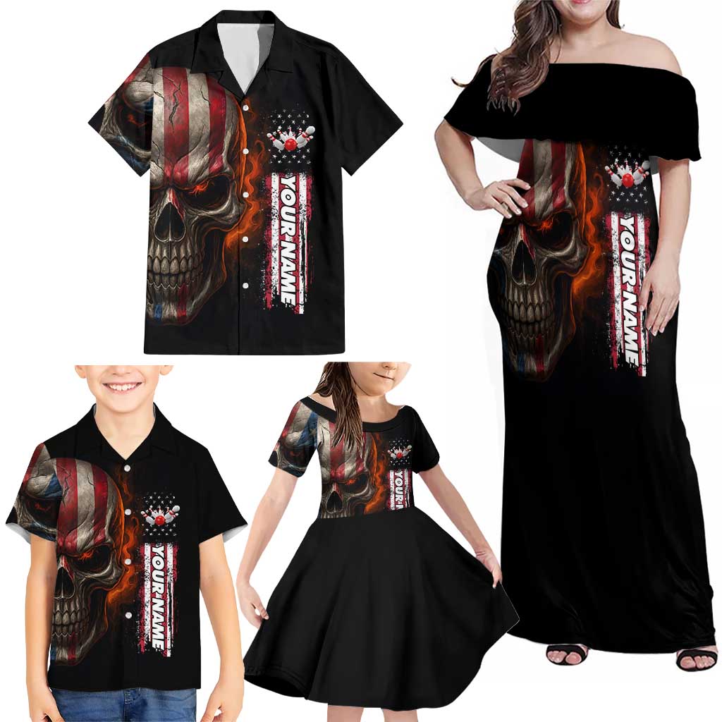 Custom American Flag Skull Family Matching Off Shoulder Maxi Dress and Hawaiian Shirt with Bowling Pins Flame Effect and Grunge Pattern - Wonder Print Shop