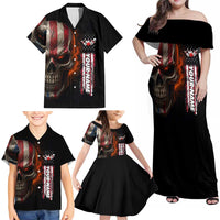 Custom American Flag Skull Family Matching Off Shoulder Maxi Dress and Hawaiian Shirt with Bowling Pins Flame Effect and Grunge Pattern - Wonder Print Shop