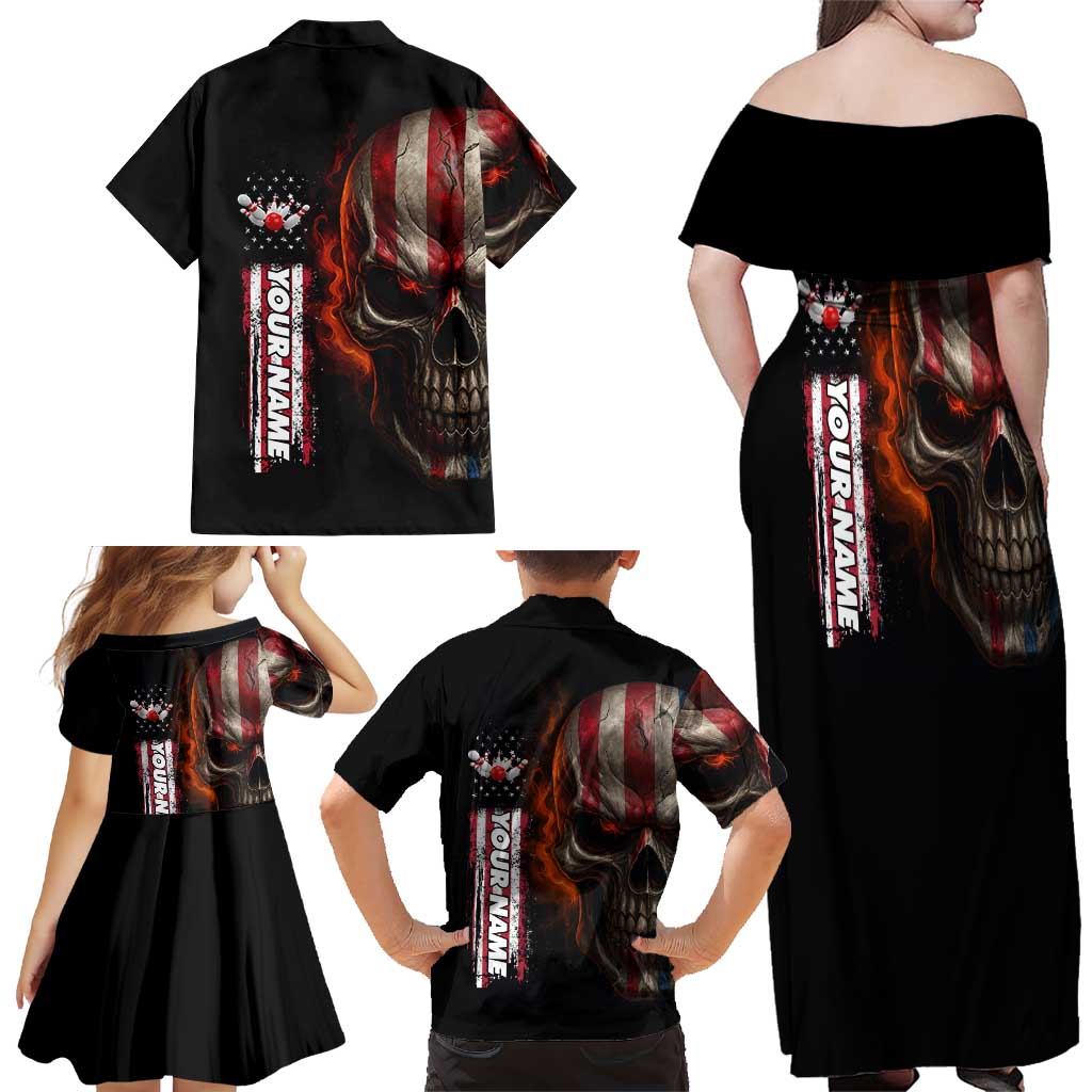 Custom American Flag Skull Family Matching Off Shoulder Maxi Dress and Hawaiian Shirt with Bowling Pins Flame Effect and Grunge Pattern - Wonder Print Shop