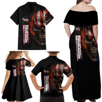 Custom American Flag Skull Family Matching Off Shoulder Maxi Dress and Hawaiian Shirt with Bowling Pins Flame Effect and Grunge Pattern - Wonder Print Shop