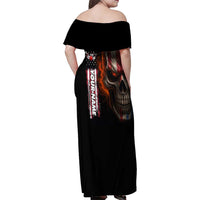Custom American Flag Skull Family Matching Off Shoulder Maxi Dress and Hawaiian Shirt with Bowling Pins Flame Effect and Grunge Pattern - Wonder Print Shop