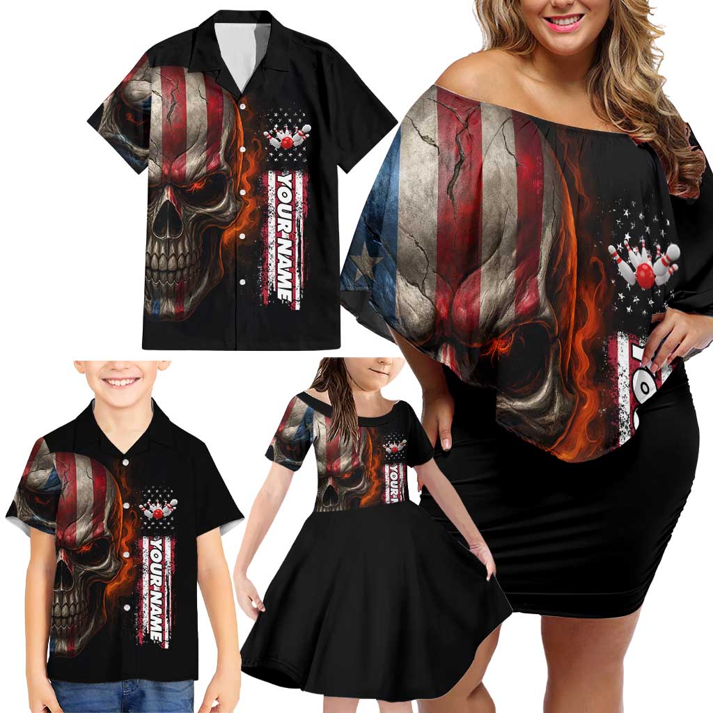 Custom American Flag Skull Family Matching Off Shoulder Short Dress and Hawaiian Shirt with Bowling Pins Flame Effect and Grunge Pattern - Wonder Print Shop