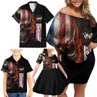 Custom American Flag Skull Family Matching Off Shoulder Short Dress and Hawaiian Shirt with Bowling Pins Flame Effect and Grunge Pattern - Wonder Print Shop