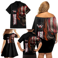 Custom American Flag Skull Family Matching Off Shoulder Short Dress and Hawaiian Shirt with Bowling Pins Flame Effect and Grunge Pattern - Wonder Print Shop
