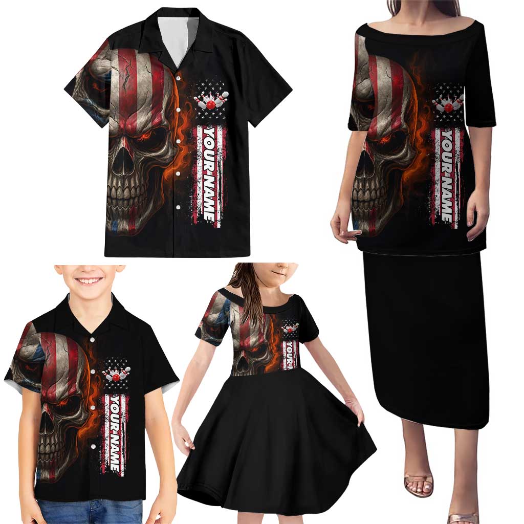 Custom American Flag Skull Family Matching Puletasi and Hawaiian Shirt with Bowling Pins Flame Effect and Grunge Pattern - Wonder Print Shop