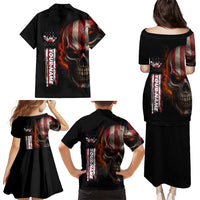 Custom American Flag Skull Family Matching Puletasi and Hawaiian Shirt with Bowling Pins Flame Effect and Grunge Pattern - Wonder Print Shop