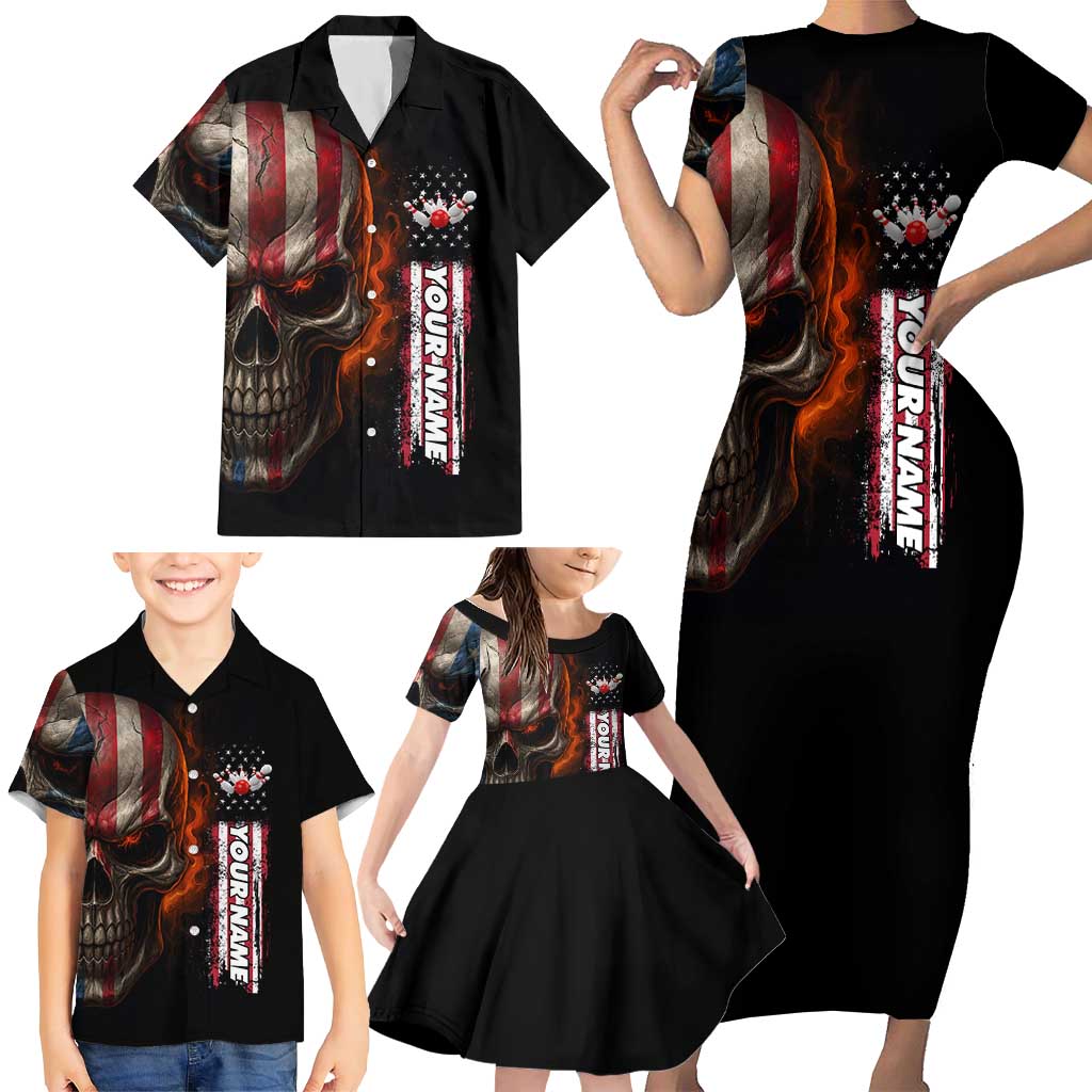 Custom American Flag Skull Family Matching Short Sleeve Bodycon Dress and Hawaiian Shirt with Bowling Pins Flame Effect and Grunge Pattern - Wonder Print Shop
