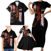 Custom American Flag Skull Family Matching Short Sleeve Bodycon Dress and Hawaiian Shirt with Bowling Pins Flame Effect and Grunge Pattern - Wonder Print Shop