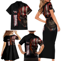Custom American Flag Skull Family Matching Short Sleeve Bodycon Dress and Hawaiian Shirt with Bowling Pins Flame Effect and Grunge Pattern - Wonder Print Shop