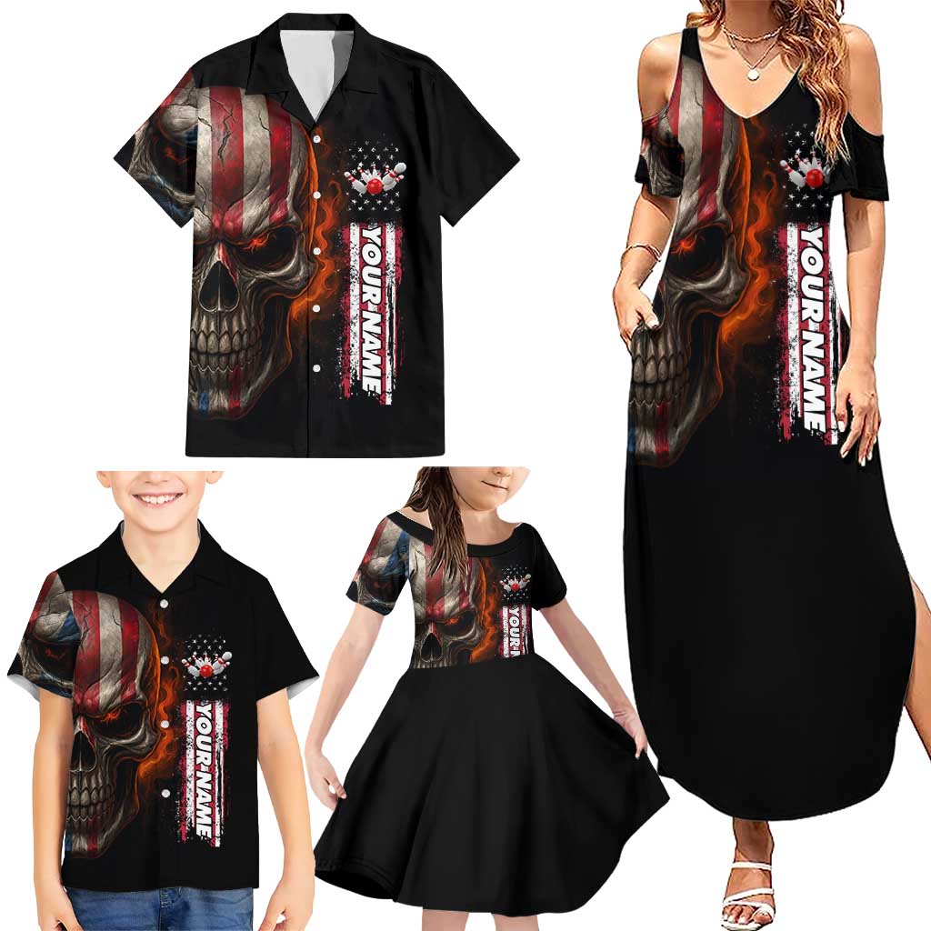 Custom American Flag Skull Family Matching Summer Maxi Dress and Hawaiian Shirt with Bowling Pins Flame Effect and Grunge Pattern - Wonder Print Shop