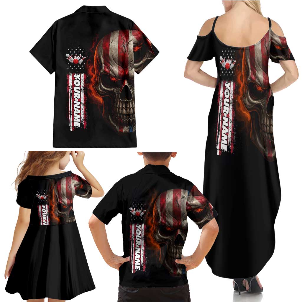 Custom American Flag Skull Family Matching Summer Maxi Dress and Hawaiian Shirt with Bowling Pins Flame Effect and Grunge Pattern - Wonder Print Shop