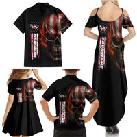 Custom American Flag Skull Family Matching Summer Maxi Dress and Hawaiian Shirt with Bowling Pins Flame Effect and Grunge Pattern - Wonder Print Shop
