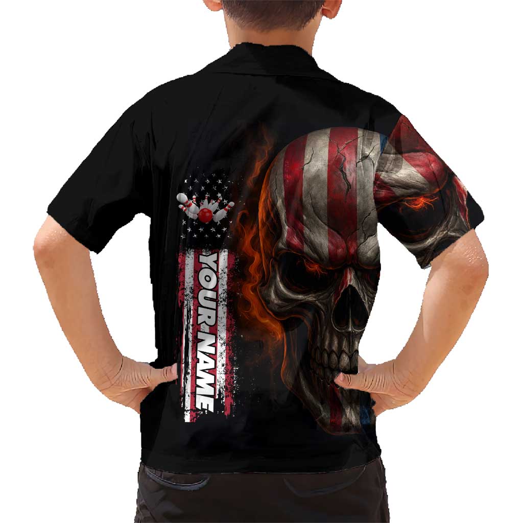 Custom American Flag Skull Family Matching Tank Maxi Dress and Hawaiian Shirt with Bowling Pins Flame Effect and Grunge Pattern - Wonder Print Shop