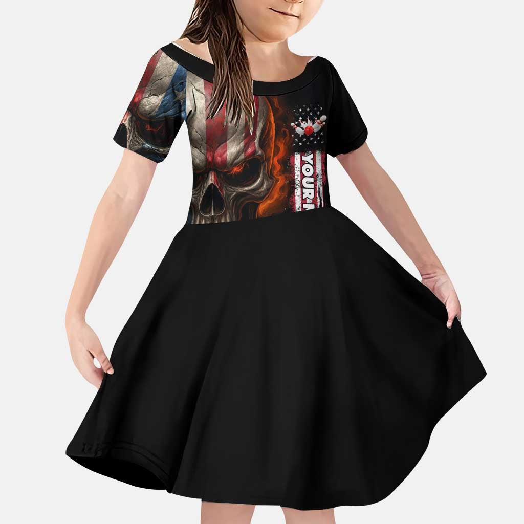 Custom American Flag Skull Family Matching Tank Maxi Dress and Hawaiian Shirt with Bowling Pins Flame Effect and Grunge Pattern - Wonder Print Shop