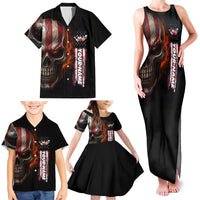Custom American Flag Skull Family Matching Tank Maxi Dress and Hawaiian Shirt with Bowling Pins Flame Effect and Grunge Pattern - Wonder Print Shop