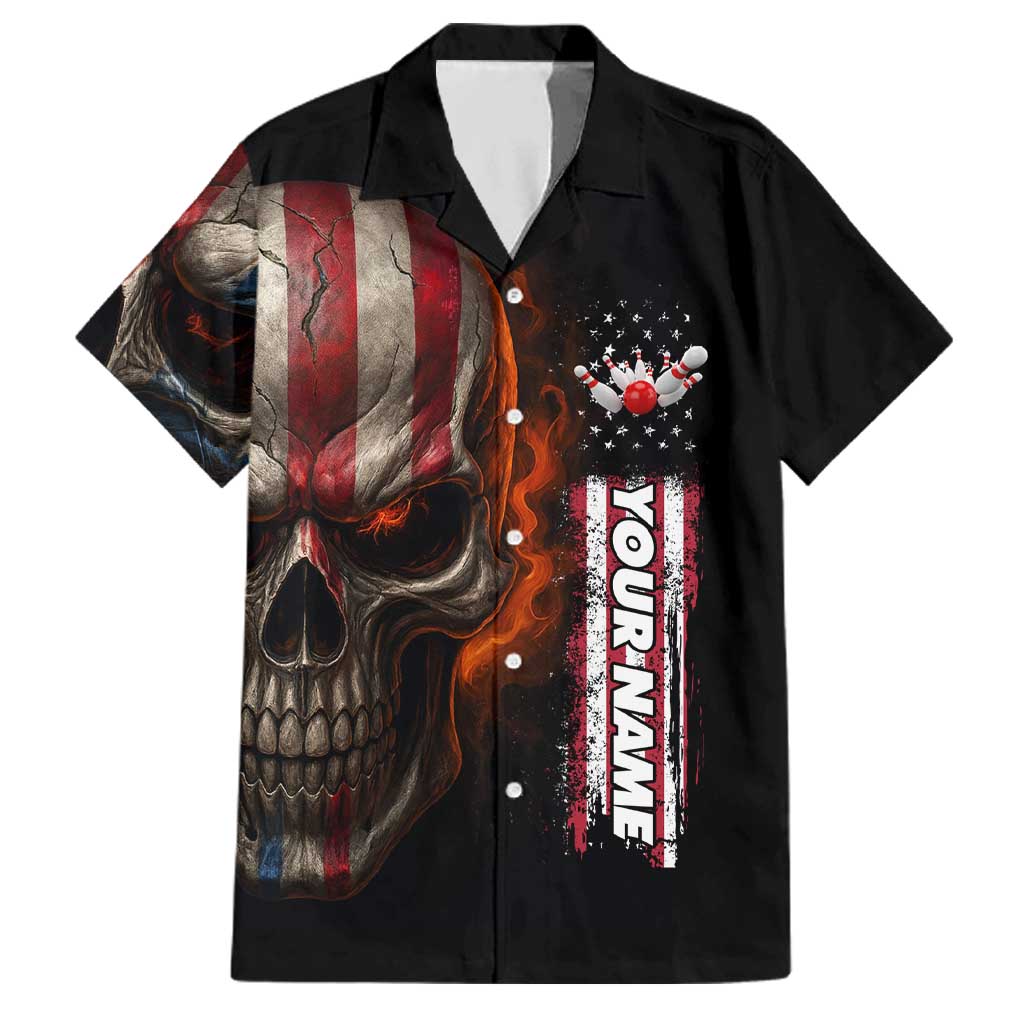 Custom American Flag Skull Family Matching Tank Maxi Dress and Hawaiian Shirt with Bowling Pins Flame Effect and Grunge Pattern - Wonder Print Shop