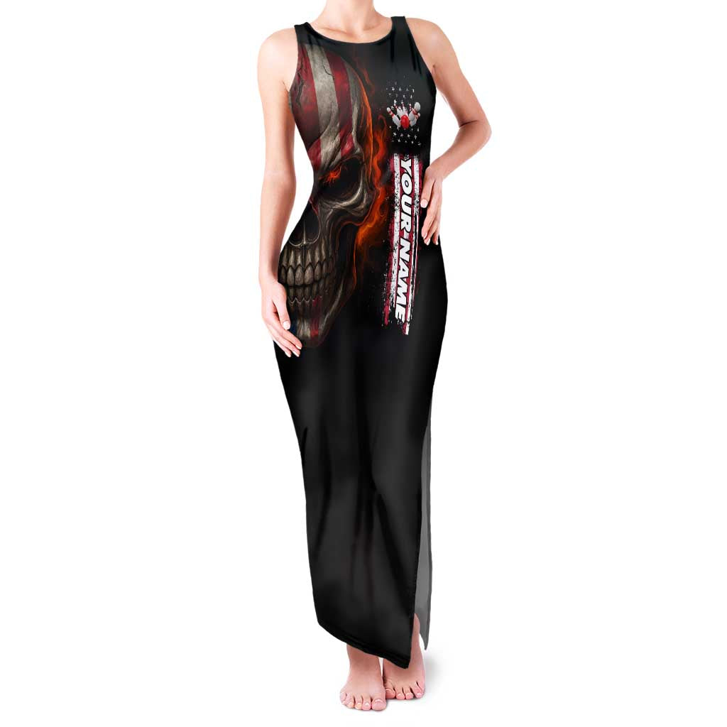Custom American Flag Skull Family Matching Tank Maxi Dress and Hawaiian Shirt with Bowling Pins Flame Effect and Grunge Pattern - Wonder Print Shop