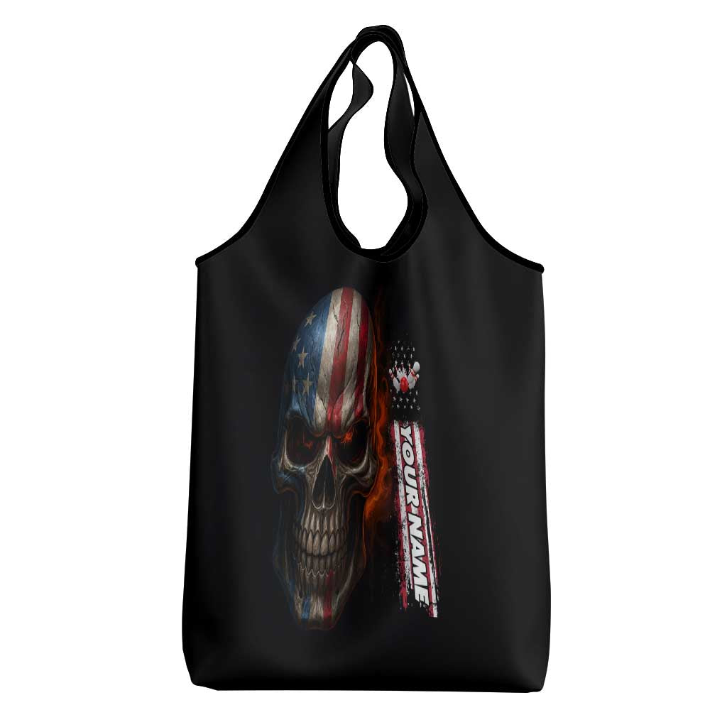 Custom American Flag Skull Grocery Bag with Bowling Pins Flame Effect and Grunge Pattern - Wonder Print Shop