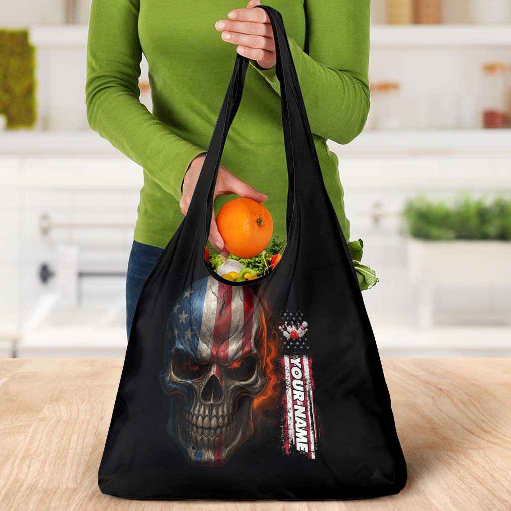 Custom American Flag Skull Grocery Bag with Bowling Pins Flame Effect and Grunge Pattern - Wonder Print Shop