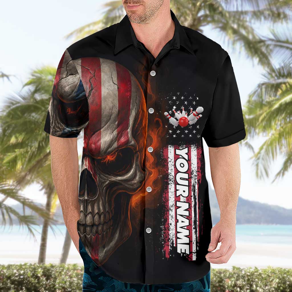 Custom American Flag Skull Hawaiian Shirt with Bowling Pins Flame Effect and Grunge Pattern - Wonder Print Shop